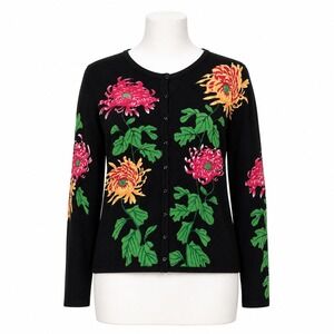 Elizabeth New York Cardigan Women Large Black Floral Beaded Sequin Chrysanthemum